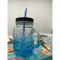 在飛比找蝦皮購物優惠-全新未使用杯蓋上可插吸管👏可愛造型藍色玻璃杯
