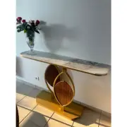 Marble Console Table for Entrance Hallway Wood Leaf Shape with Stable Gold Legs