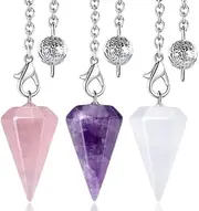 DUQGUHO 3 Pcs Crystal Pendulums Amethyst Rose Quartz Clear Quartz Crystal Pendulum Dowsing Pendant Reiki Healing Witchcraft Meditation Natural Quartz Gemstone Pendants Wiccan Gifts