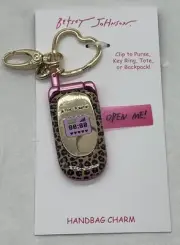Betsey Johnson Gold Retro Cellular Flip Phone Animal Print Key Fob Bag Charm NWT