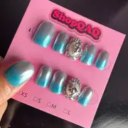 Handcrafted Silver Blue Icy Gemstone Mirror Powder High Shine Press-On Nails