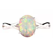 1.00Ct Oval Shape 100% Natural Australian Opal Ring In Solid 14KT White Gold