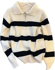 XUGYAO Women's Turndown Collar Striped Sweater Loose Long Sleeve Knitwear Female Autumn Winter Warm Knitted Jumper Top Apricot