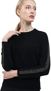 [BEYOND FASHION] Women's 100% Pure Cashmere Sweater Crew Neck Silver Stripe Sleeve Pullover