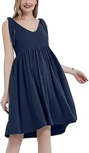 [GINKANA] Maternity Sundress V Neck Sleeveless Tie Shoulder Empire Waist Summer Pregnancy Beach Midi Dresses for Daily Wear