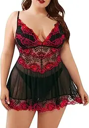 [Generic] Women Satin Lingerie Womens Plus Size Lingerie Lace Chemise Sexy Mesh Sleepwear Deep V Teddy Nightdress for Sexy Cleavage Cover up