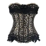 Sexy Satin Lace Overlay Corset Bustier Overbust Burlesque Corselet Top Bodyshaper Lingerie Showgirl Party Costume Plus Size Leopard print XXXL