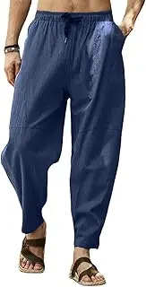 [MorwenVeo] Men's Cotton Linen Pants Drawstring Elastic Waist Yoga Beach Pants Casual Lightweight Hippie Trousers