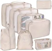 [LSLANSOON] Travel Packaging Cube,8-piece set of travel cube, Foldable luggage Storage Bag, lightweight luggage Storage Bag (Beige)