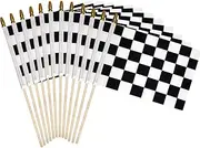 Uelfbaby 12Pcs 8x12 Inch Checkered Black and White Racing Flags NASCAR Flags on Stick, Formula One F1 Racing Flags Hand Held Stick Flags with Kid-Safe Spear Top, Children's Party Decoration