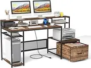 Giantex 170cm Computer Desk with Monitor Stand & File Drawer, Large Home Office Desk with Power Outlets & USB Ports, Workstation with Storage Shelves, Study Writing Desk Gaming Desk, Rustic Brown