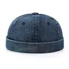 Men Washed Denim Docker Cap Hip Hop Hat Roll-Up Edge Round Top Hat Vintage Style
