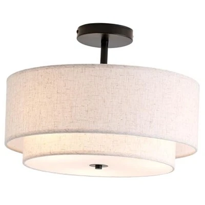 16" Double Drum 3-Light Semi Flush Mount Ceiling Light, Classic Fabric Linen