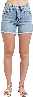 [Judy Blue] High Waist Tummy Control Light Wash Fray Hem Shorts, Blue, Small