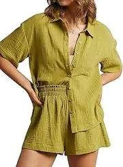 [Generic] Women's 2 Piece Outfits Track Suits Matching Sets Loungewear for Vacation Button Down Shirt and Shorts Set