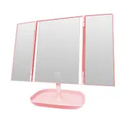 Supperstore 3 Fold Illuminated Mirror 3 Sides 10x Dressing Magnifying Glass Desktop Touch Electrodeless Dimming LED Lamp Mirror-Pink