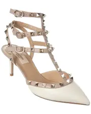 Valentino Rockstud Caged 65 Leather Ankle Strap Pump 38.5 White