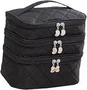 [harayaa] 3 Layers Travel Cosmetic Storage Bag Compartment Makeup Storage Bag Ladies Toiletry for Full Size Bottles Accessories, Black Zipper