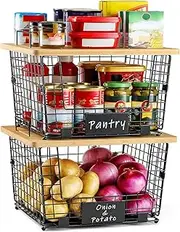 2 Set Kitchen Counter Basket with Bamboo Top - Pantry Cabinet Organization and Storage Wire Basket - Countertop Organizer for Produce, Fruit, Vegetable ( Onion, Potato ), Bread, K-Cup Coffee Pods