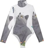 [voucong] Cartoon British Cats White long sleeve Going Out Bodysuits for Women Body Suit Shapewear Tummy Control Sexy Tops for Women Going Out High-Neck Medium size, Cartoon British Cats White