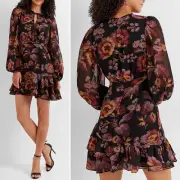 Ted Baker Piara Ruffled Floral Chiffon Long Sleeve Dress Black Peasant sz 0 NWT