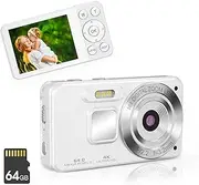 Digital Camera, 4K Autofocus Vlogging Camera with 64GB Card, 2000mAh 64MP Compact Camera, 18X Zoom, Anti-Shake, 2.8" Screen Mini Camera, Kids Beginners, Teens, and Adults (White)