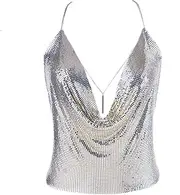 [Luxexy] Gold Sexy Tops for Women Sparkly Deep V Neck Crop Tank Tops Cami Body Chain Top