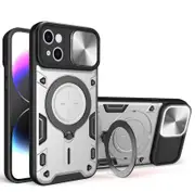 case For iPhone 14 Slide Camera Lens Protection and Built in 360 Rotatable Ring Holder - Silvery