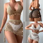 Women Beach Coverups Summer 2 Piece Outfits Crochet Bikinis Top and Mini Skirt