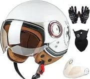 3/4 Motorcycle Helmet, Retro Open-Face Half Helmet Adult Motorbike Moped Cruiser Helmets Men Women Scooter Helmet Vintage Style ECE Approved D,M=57-58CM