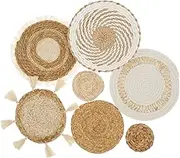 7 Pack Boho Wall Basket Decor, Seagrass Rattan Wicker Wall Decor, Woven Rattan Baskets Wall Hanging Decor, Handmade Wall Art Hanging Baskets, Macrame Tassel Round Tapestry Wall Art for Living Room