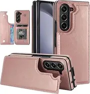 [XIMAND] for Samsung Galaxy Z Fold 5 Wallet Case with Credit Card Holder, Fold Premium Leather Magnetic Clasp Kickstand Heavy Duty Protective Cover.(Rosegold)