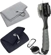 [TGJBER] Golf Club Brush Groove Cleaner,Two Waffle Cleaning Cloths, Double Sided Nylon and Steel Brush with Spike, Shoes/Club/Groove,Retractable Zippered Aluminum Grommets