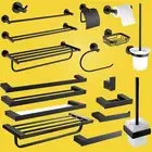 Matt Black Towel Rail Rack Glass Shelf Robe Hook Paper Holder Toilet Brush Cup