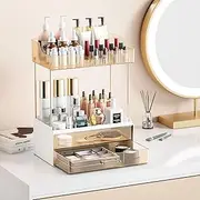 Bathroom Counter Organizer, 2 Tier 2 Drawer Makeup Countertop, Versatile Perfume Organizer, Makeup Organiser Storage, Large Skincare Organizers, Ideal for Bathroom Storage, Vanity, Perfume (Amber)
