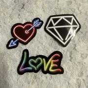 Lot Of 3 80s Vintage Style Neon Vinyl Stickers Rainbow Love Heart Diamond (d)