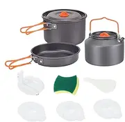 Camping Cookware Set - Portable Tea Pot and Pan for Travel,Lightweight Backpacking Cookset with Foldable Handles, Compact for Hiking and Travel