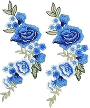 Respicefinem 2pcs Flower Patch Blue Rose Pattern Decorative Polyester Silk DIY Making Sewing Embroidery Patch Ideal for T Shirts Bags Skirts Jackets Dresses Coats Fabrics Aprons