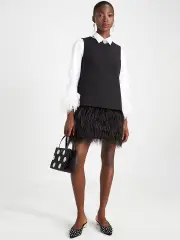 Feather Trim Crepe Shift Dress