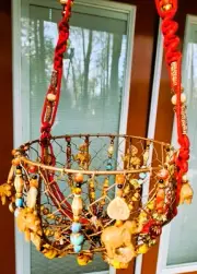 Hand Beaded Macrame Plant Basket Hanger Featuring Elephant Motif Very Detailed