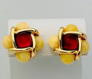 Signed Joan Rivers Vintage New Gold Plated Brown/Beige Lucite Clip Earrings