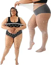 [ANNTXL] Plus Size Fishnet Tights Sparkly Stockings Glitter Pantyhose Hosiery with Diamond-2 Styles
