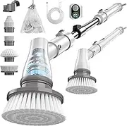Electric Spin Scrubber with Battery Power Display, Fast-Charging Cordless Shower Scrubber with Long Handle, 4 Replaceable Brush Head, 1.5H & 2 Speeds Electric Scrubber (White)