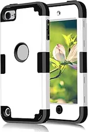 Apple iPod Touch 7/6/5 Case - Dual Layered Hard PC + Silicone Shockproof Heavy Duty Armor Hard Cover (White+Black)