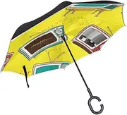 Double Layer Inverted Umbrella Cars Reverse Umbrella Retro TV Pop Comic Windproof UV Proof Travel Outdoor Umbrella