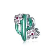 Silver plating Green Enamel Cactus with Floral Beads Charm for Bracelet