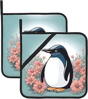 Penguin Wearing Flowers Potholders BBQ Pot Holders for Heat Resistant Potholder, Hot Pads,Cooking Baking(2-Pack)