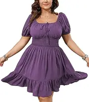 [SCOMCHIC] Womens Plus Size Short Lantern Sleeve Scoop Neck Mini Dress Elastic High Waist Summer Dresses Ruffle Wedding Guest Dress