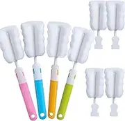 Bottle Brush Sponge Cup Brush Set with 4 Replacement Brush Head Portable Long Handle Water Bottle Cleaner Brush, for Baby Bottles Vacuum Flasks (4 Brushes + 4 Heads)