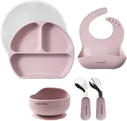 Ange Smile Silicone Dinnerware Set, 6 Piece Meal Plate, Bowl, Never Turn Over with Suction Cups, Baby Tableware, Spoon & Fork, Meal Apron, Lilac
